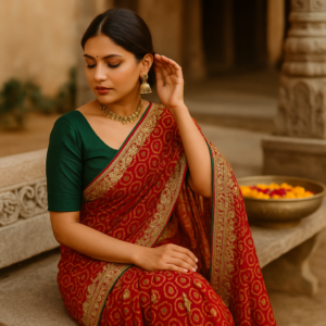 Red Pure Georgette Bandhani Stone work Saree
