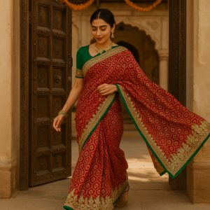 Red Pure Georgette Bandhani Stone work Saree