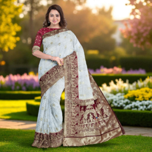 Maroon & White Pure Heavy Kalash Satin Silk Saree with Blouse – Wedding & Party Wear