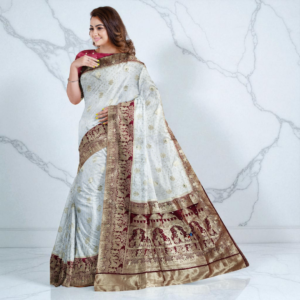 Maroon & White Pure Heavy Kalash Satin Silk Saree with Blouse – Wedding & Party Wear