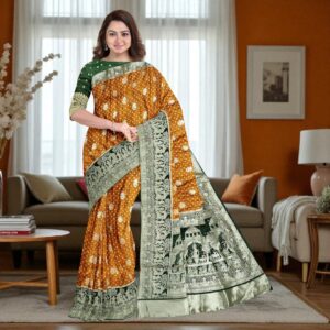 Green & Yellow Pure Heavy Kalash Satin Silk Saree with Blouse – Wedding & Festive Collection