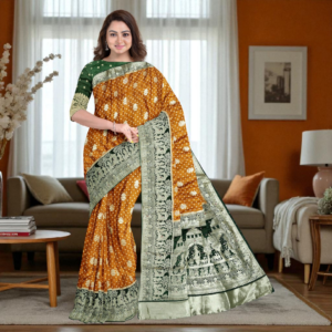 Green & Yellow Pure Heavy Kalash Satin Silk Saree with Blouse – Wedding & Festive Collection