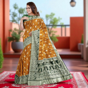 Green & Yellow Pure Heavy Kalash Satin Silk Saree with Blouse – Wedding & Festive Collection