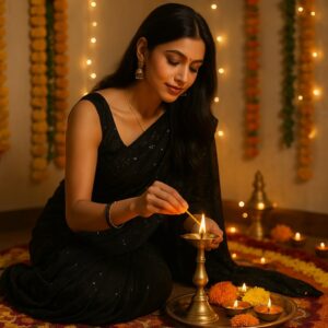 Black Weightless Pattern Saree with Designer blouse