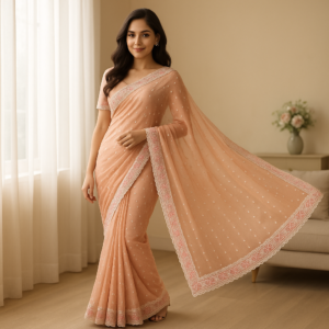 Peach Handwork Concept Fancy Border Georgette Saree with Designer Blouse