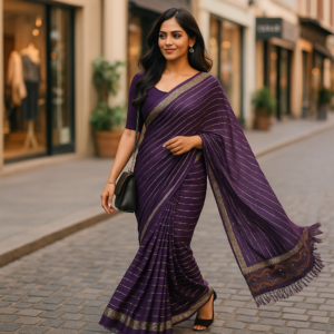 Purple Soft Georgette weaved silver lines & siroski border Saree Designer Blouse