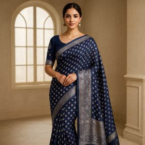 Blue Georgette Saree with Silver Foil Print & Designer Blouse – Elegant Festive Wear