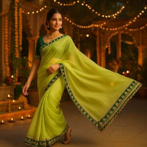 Lemon Green Organza Saree with gota patti work with Designer Blouse