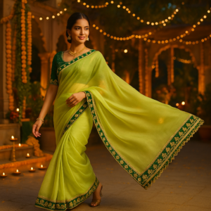 Lemon Green Organza Saree with gota patti work with Designer Blouse