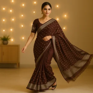 Brown Georgette Saree with Silver Foil Print & Designer Blouse – Subtle Festive Elegance