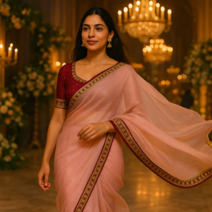 Pink Organza Saree with Gota Patti Work and Designer Blouse – Premium Ethnic Wear for Women