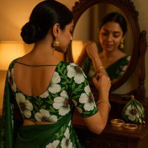 Green Digital Print Linen Saree with Readymade Blouse