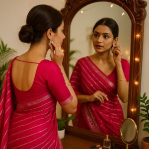 Pink Soft Georgette weaved Silver lines & Border Saree with Designer Blouse