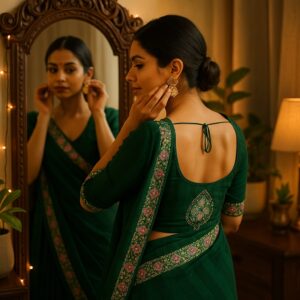 Green Heavy Pattern Zomato Saree with Printed Border & Siroski work