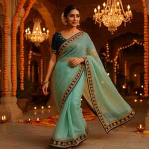 Blue Organza Saree with Gota Patti Work and Designer Blouse – Elegant Festive & Wedding Wear