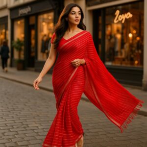 Red Soft Georgette weaved silver lines & siroski border Saree Designer Blouse