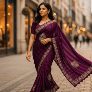 Purple Heavy Pattern Zomato Saree with Printed Border & Siroski work