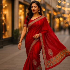 Red Heavy Pattern Zomato Saree with Printed Border & Siroski work