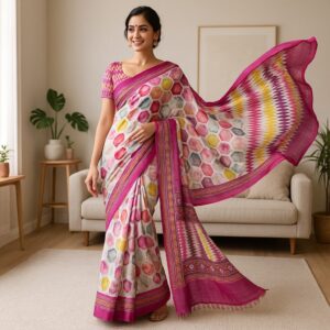 Pink Digital Print Linen Saree with Readymade Blouse