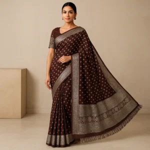Brown Georgette Saree with Silver Foil Print & Designer Blouse – Subtle Festive Elegance