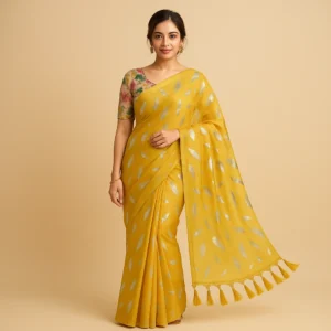 Mustard Yellow Chiffon Saree with Elegant Chikan Embroidered Blouse