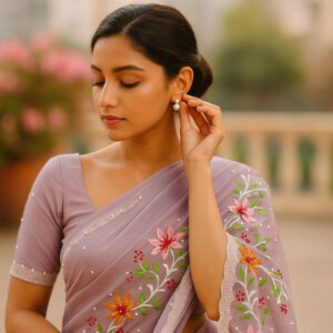 Light Purple Organza Saree with Pearl & Embroidery Work and Blouse – Elegant Wedding & Festive Wear