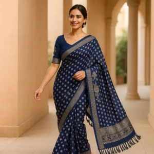 Blue Georgette Saree with Silver Foil Print & Designer Blouse – Elegant Festive Wear