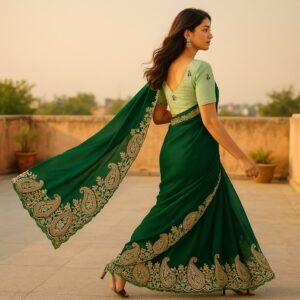 Green Satin Chiffon Saree with Jurkan with Blouse Jimmy Choo