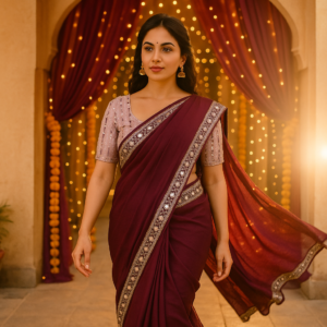 Wine Zomato Saree with Readymade blouse