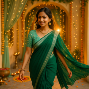 Rama Green Zomato Saree with Readymade blouse
