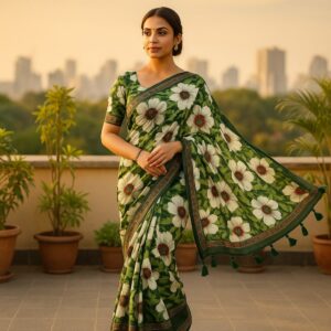 Green Digital Print Linen Saree with Readymade Blouse
