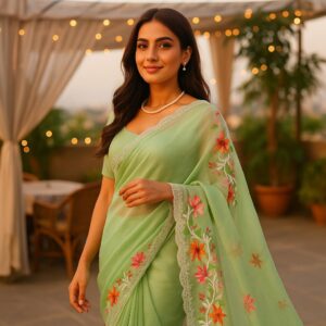 Green Organza Saree with Pearl & Embroidery Work and Blouse – Elegant Party & Wedding Wear