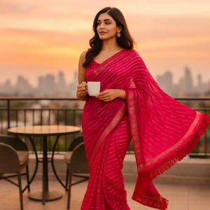 Pink Soft Georgette weaved Silver lines & Border Saree with Designer Blouse
