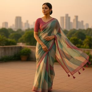 Multi colour Digital Print Linen Saree with Readymade Blouse