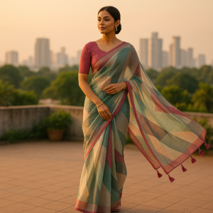 Multi colour Digital Print Linen Saree with Readymade Blouse