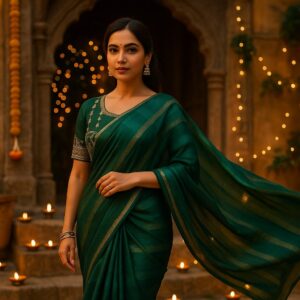Rama Green Chanderi Silk biskos zari Crush feel Saree with Designer Blouse