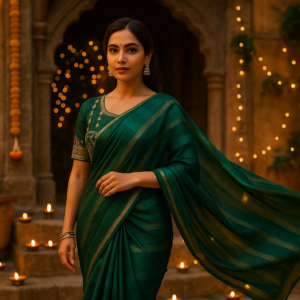 Rama Green Chanderi Silk biskos zari Crush feel Saree with Designer Blouse