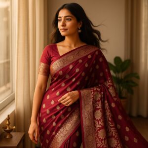 Maroon Pure Heavy Silk Saree with Blouse – Royal Wedding & Festive Wear for Women