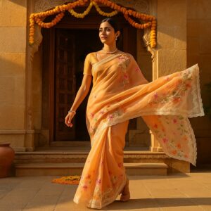 Orange Organza Saree with Pearl & Embroidery Work and Blouse – Premium Party & Wedding Wear