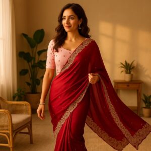 Red Satin Chiffon Saree with Jurkan with Blouse Jimmy Choo
