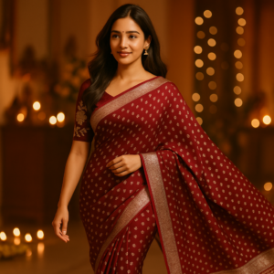 Maroon Georgette Saree with Silver Foil Print & Designer Blouse – Timeless Festive Elegance
