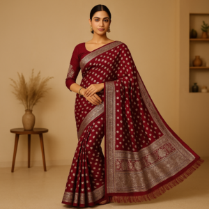 Maroon Georgette Saree with Silver Foil Print & Designer Blouse – Timeless Festive Elegance