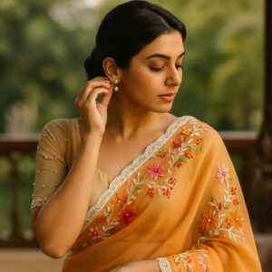 Orange Organza Saree with Pearl & Embroidery Work and Blouse – Premium Party & Wedding Wear