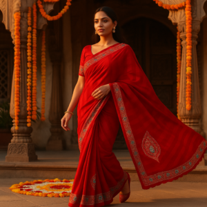 Red Heavy Pattern Zomato Saree with Printed Border & Siroski work