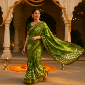 Green Dola Cotton Saree with Blouse