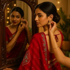 Red Heavy Pattern Zomato Saree with Printed Border & Siroski work