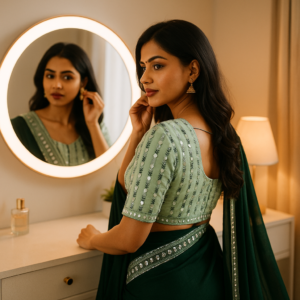 Green Zomato Saree with Readymade blouse