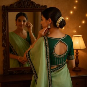 Light Green Organza Saree with Gota Patti Work and Designer Blouse – Elegant Wedding & Festive Wear