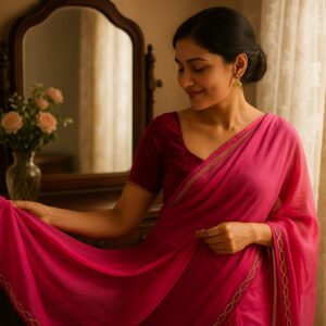 Pink Organza Saree with Velvet Blouse