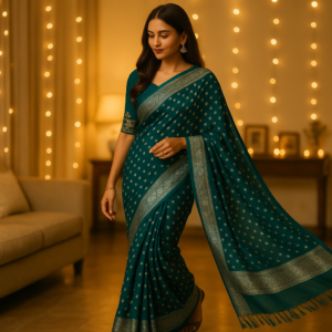 Sea Green Georgette Saree with Silver Foil Print & Designer Blouse – Elegant Festive Wear